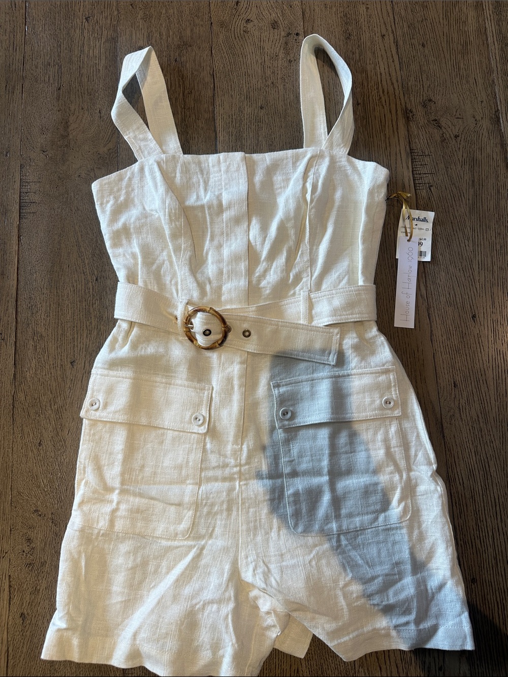House of Harlow 1960 Cream Linen Romper with Tortoiseshell Buckle